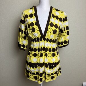 Angels NWT Women's Top Yellow Brown & White Polka Dots Pockets Size M 3/4 Sleeve